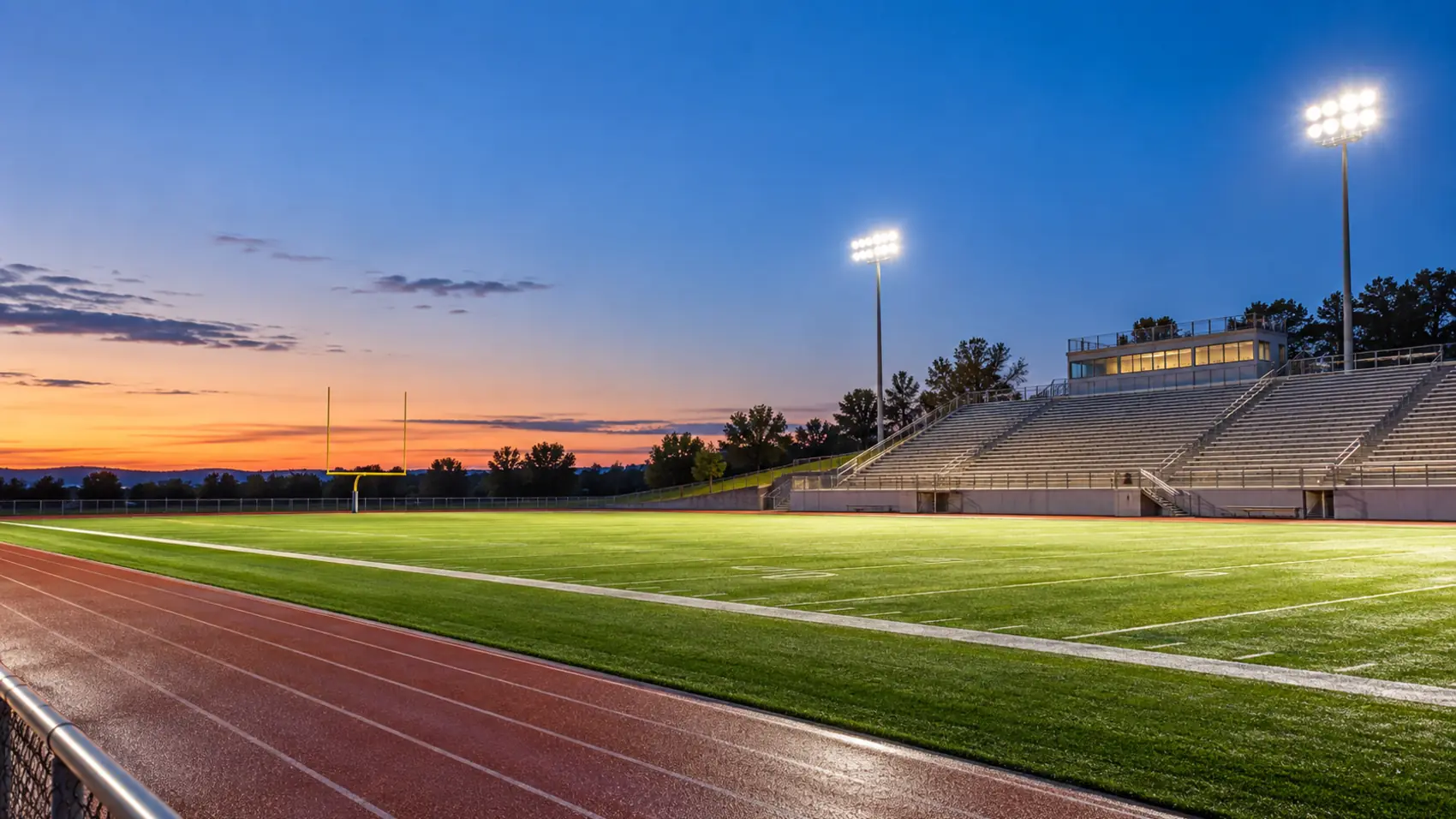 An empty stadium at night under the lights, the field quiet and the stands dark.
