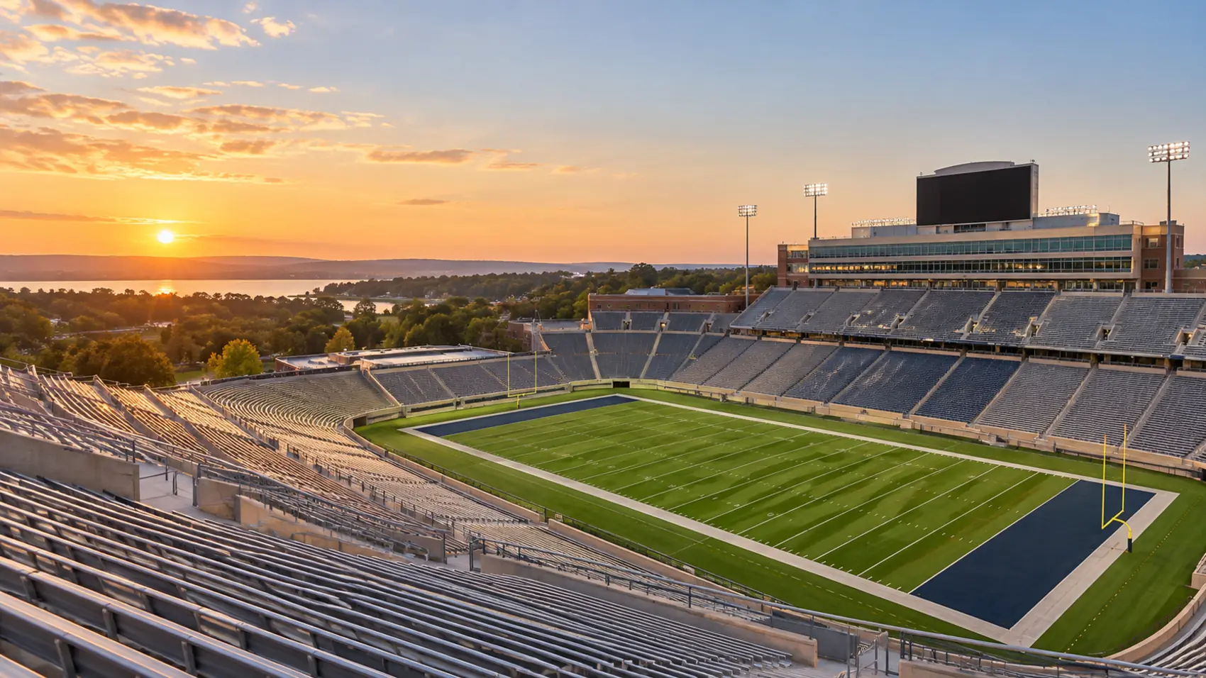An empty large college stadium from the upper deck, the field lit under a clear evening sky.