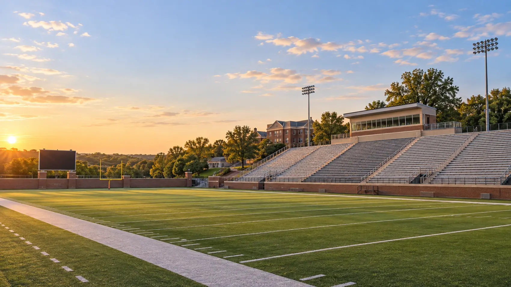 An empty mid-sized college football stadium with metal bleachers and a lit scoreboard.