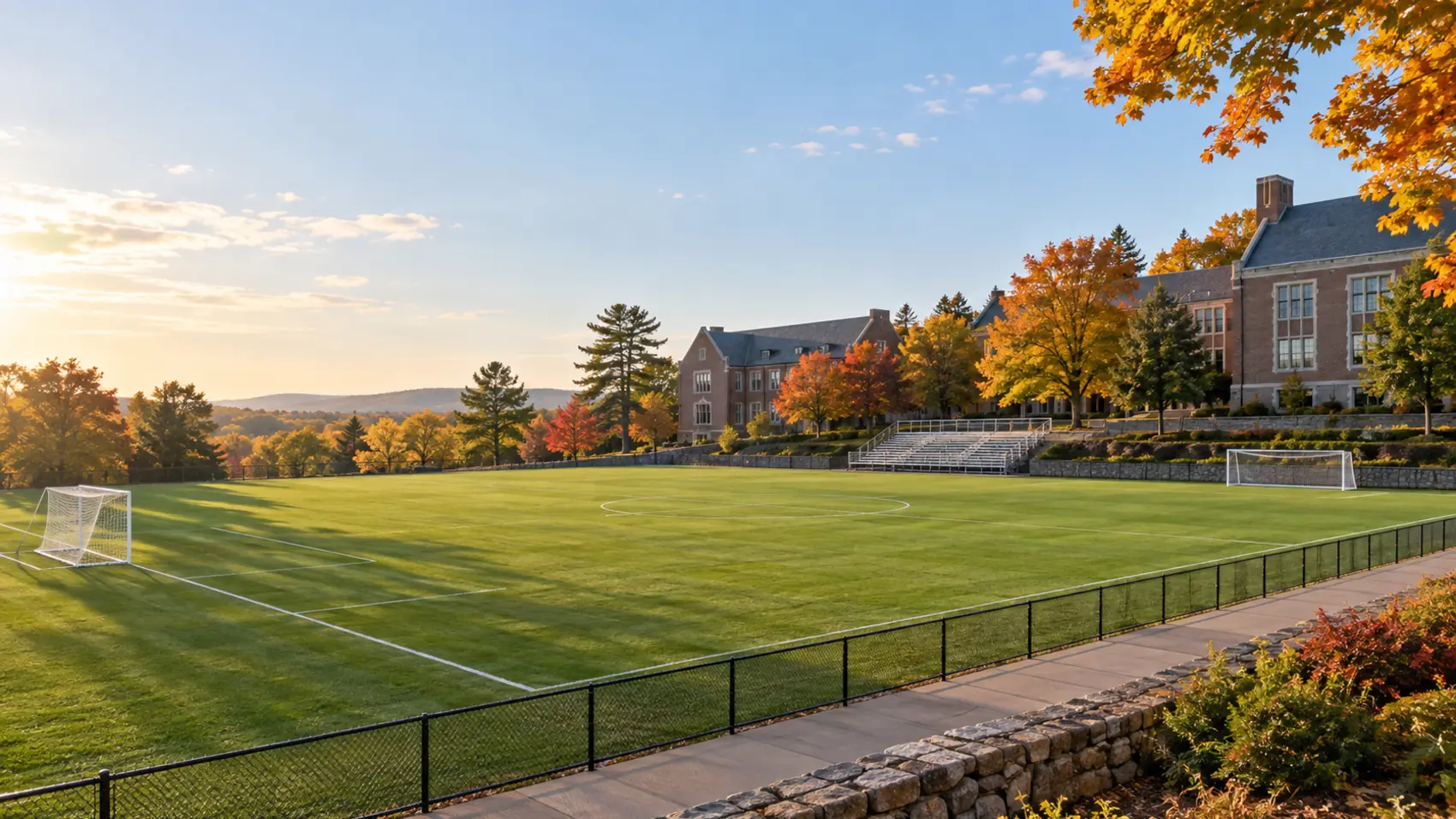An empty small college field beside brick campus buildings, goals set at each end.