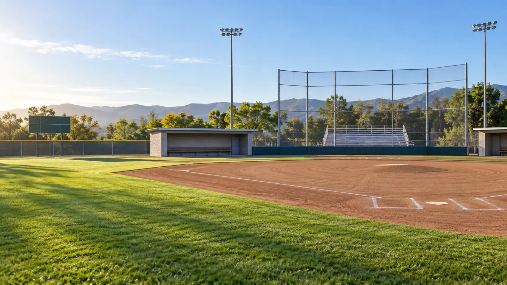 An empty community college baseball field in the morning, the infield freshly raked.