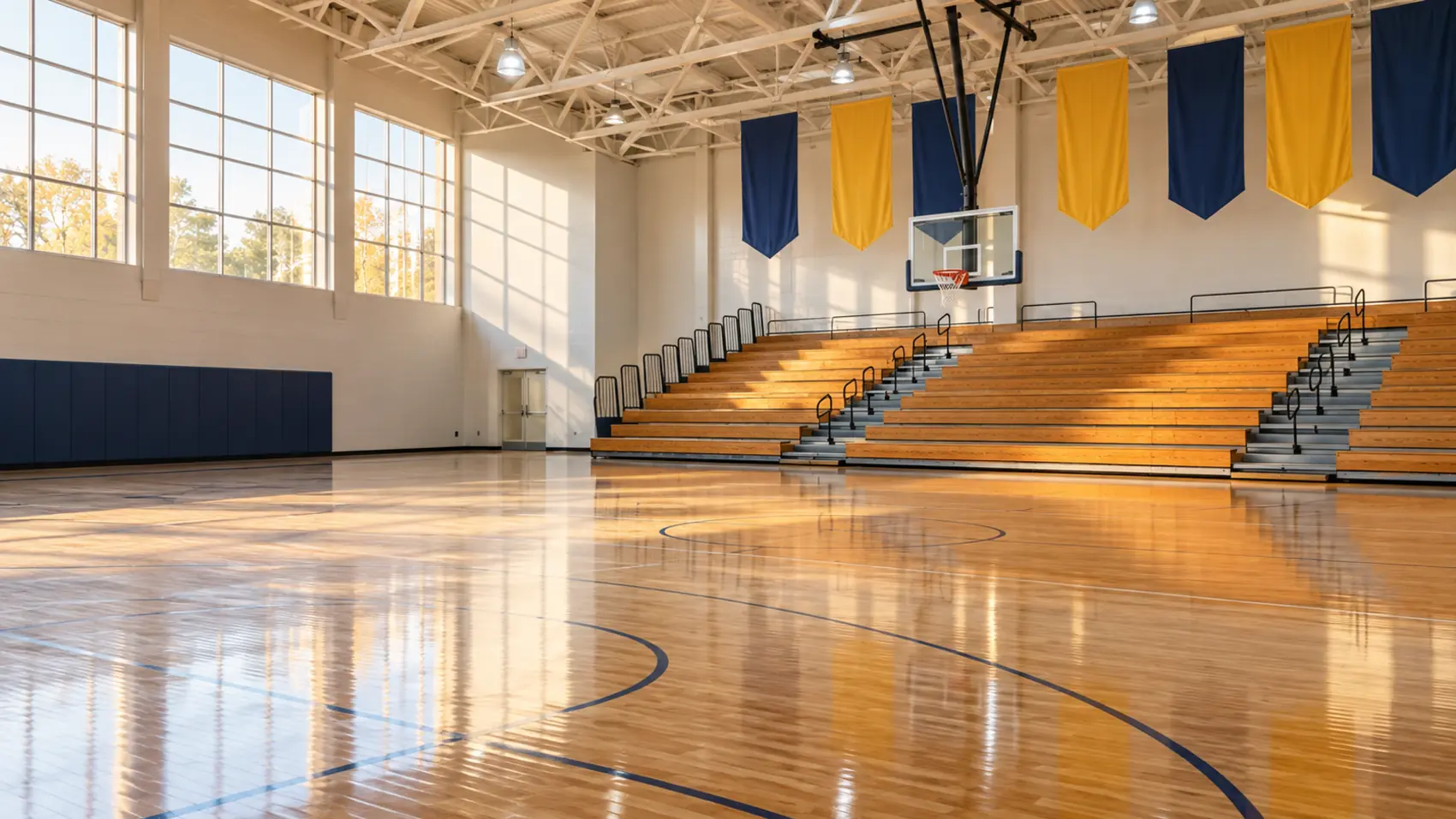 An empty small college gym with pull-out bleachers and banners hanging from the rafters.