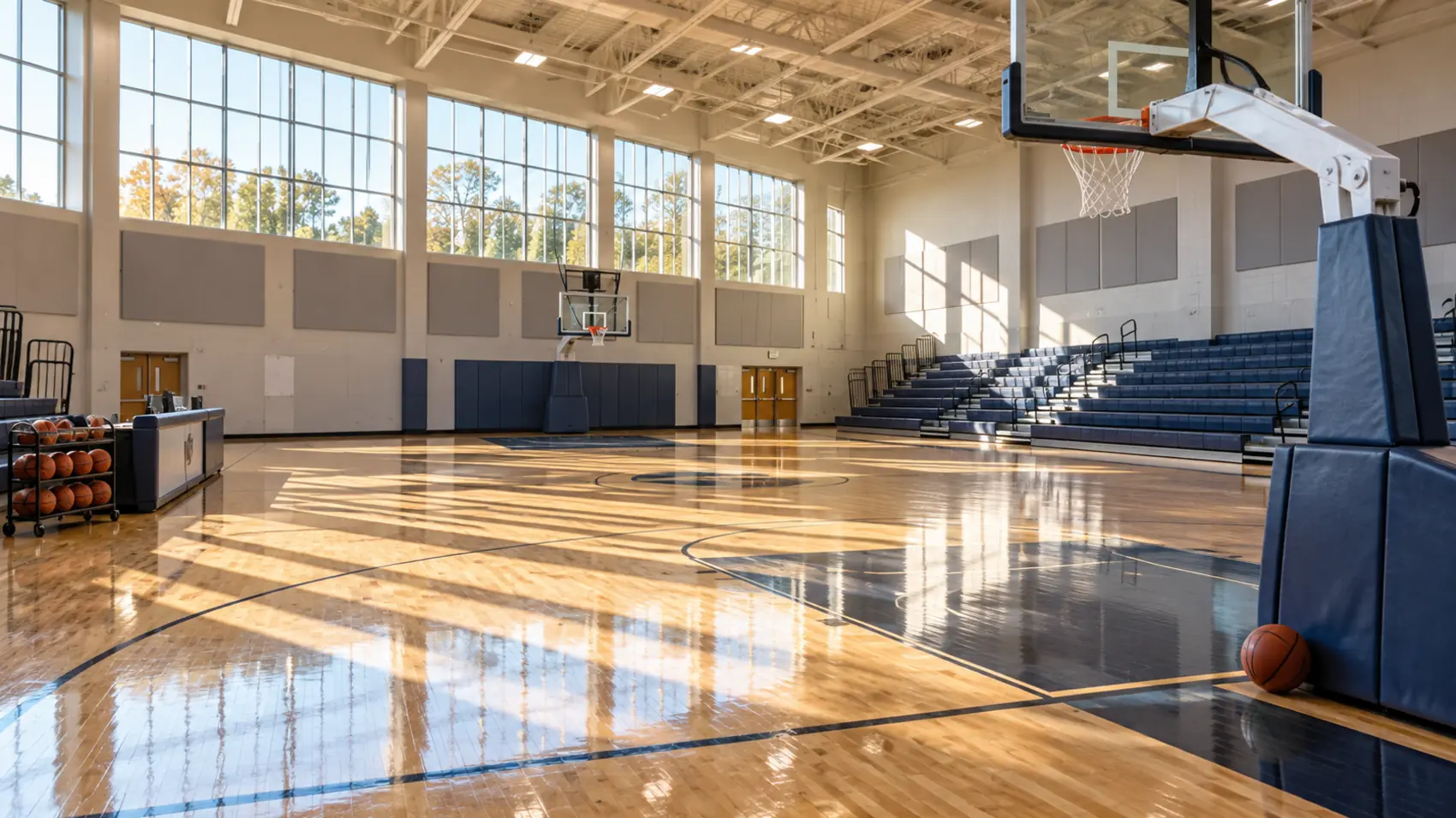 An empty basketball court, a ball resting against the base of the hoop stanchion.