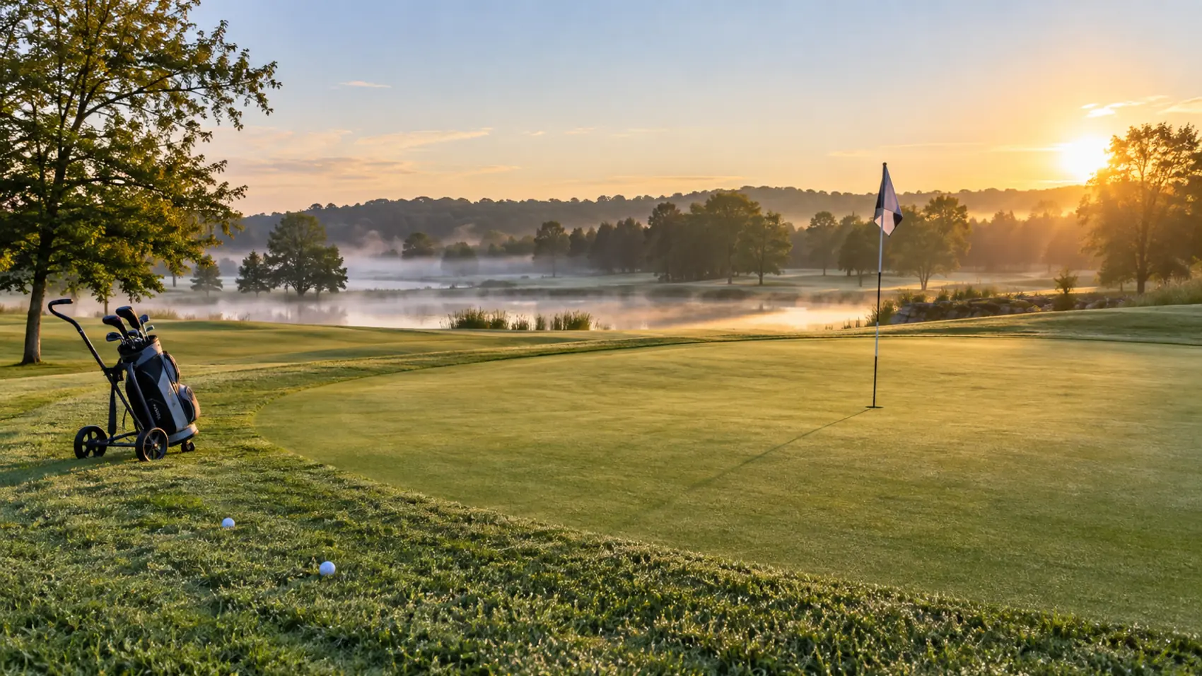 An empty golf green in early morning, the flagstick in the cup and dew on the grass.