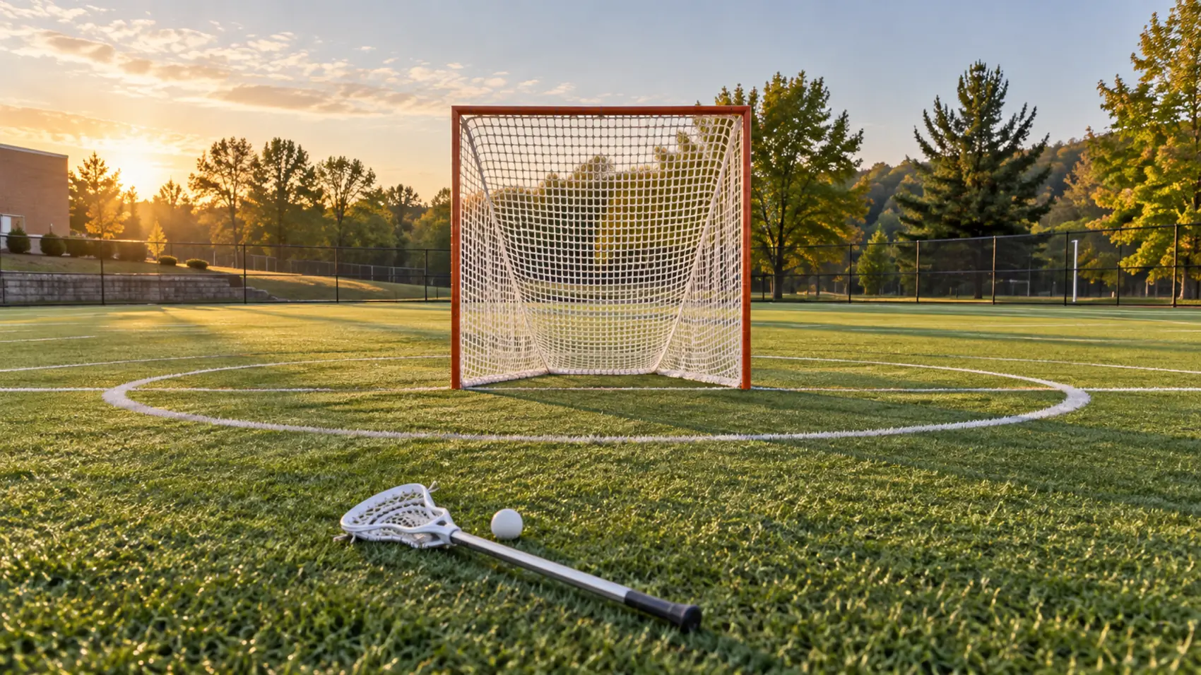 An empty lacrosse field, a stick and ball resting in front of the goal crease.