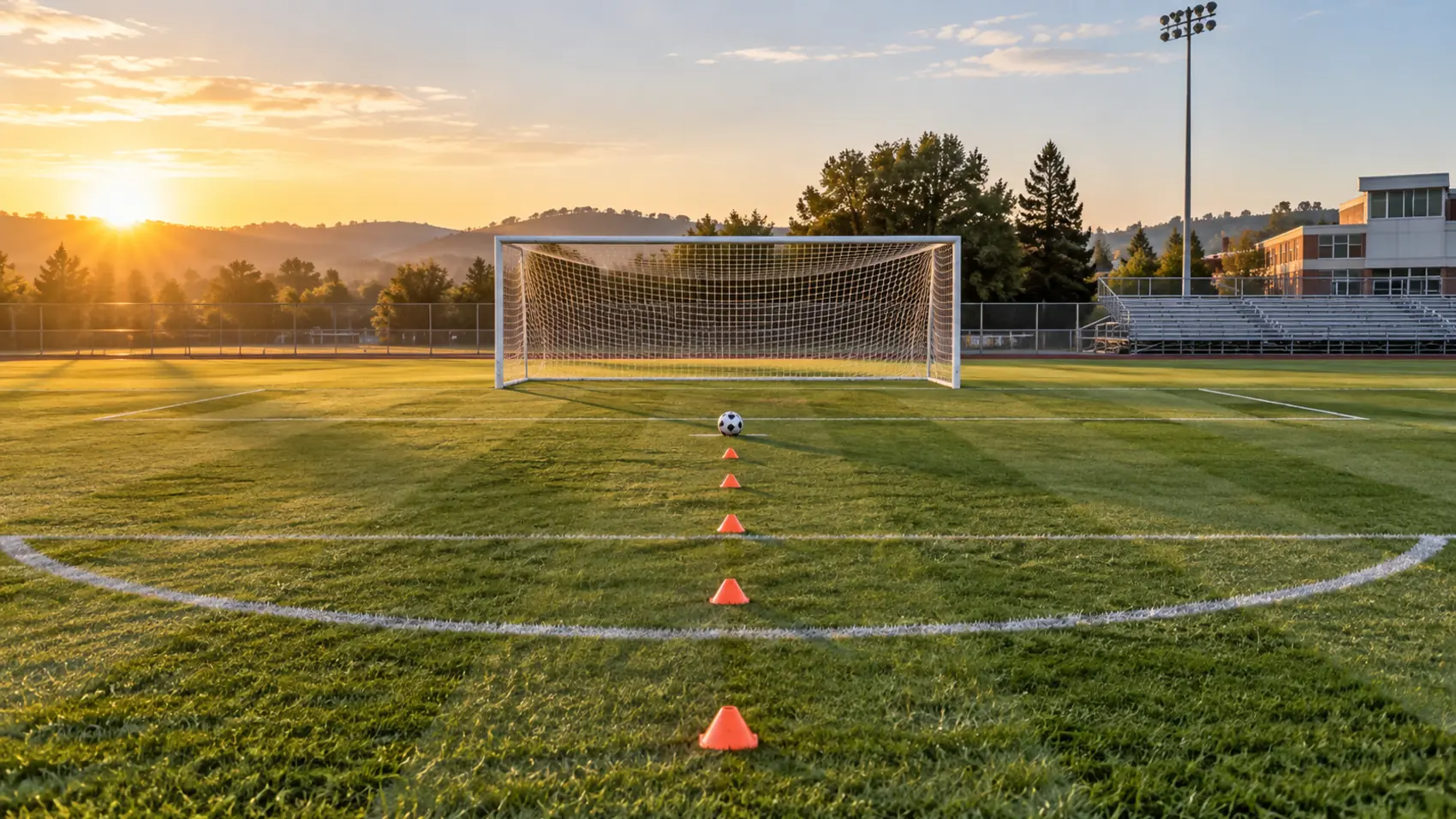An empty soccer pitch at golden hour, a ball on the penalty spot in front of the goal.