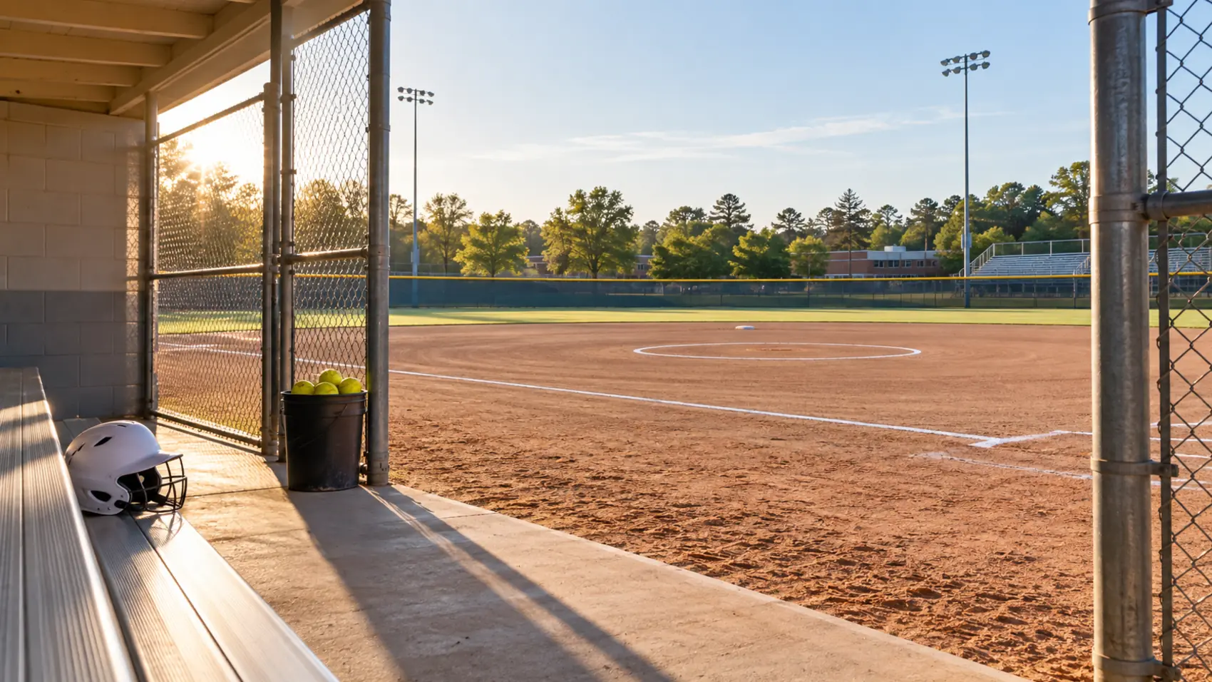 An empty softball field from the dugout, a bucket of balls by the fence.
