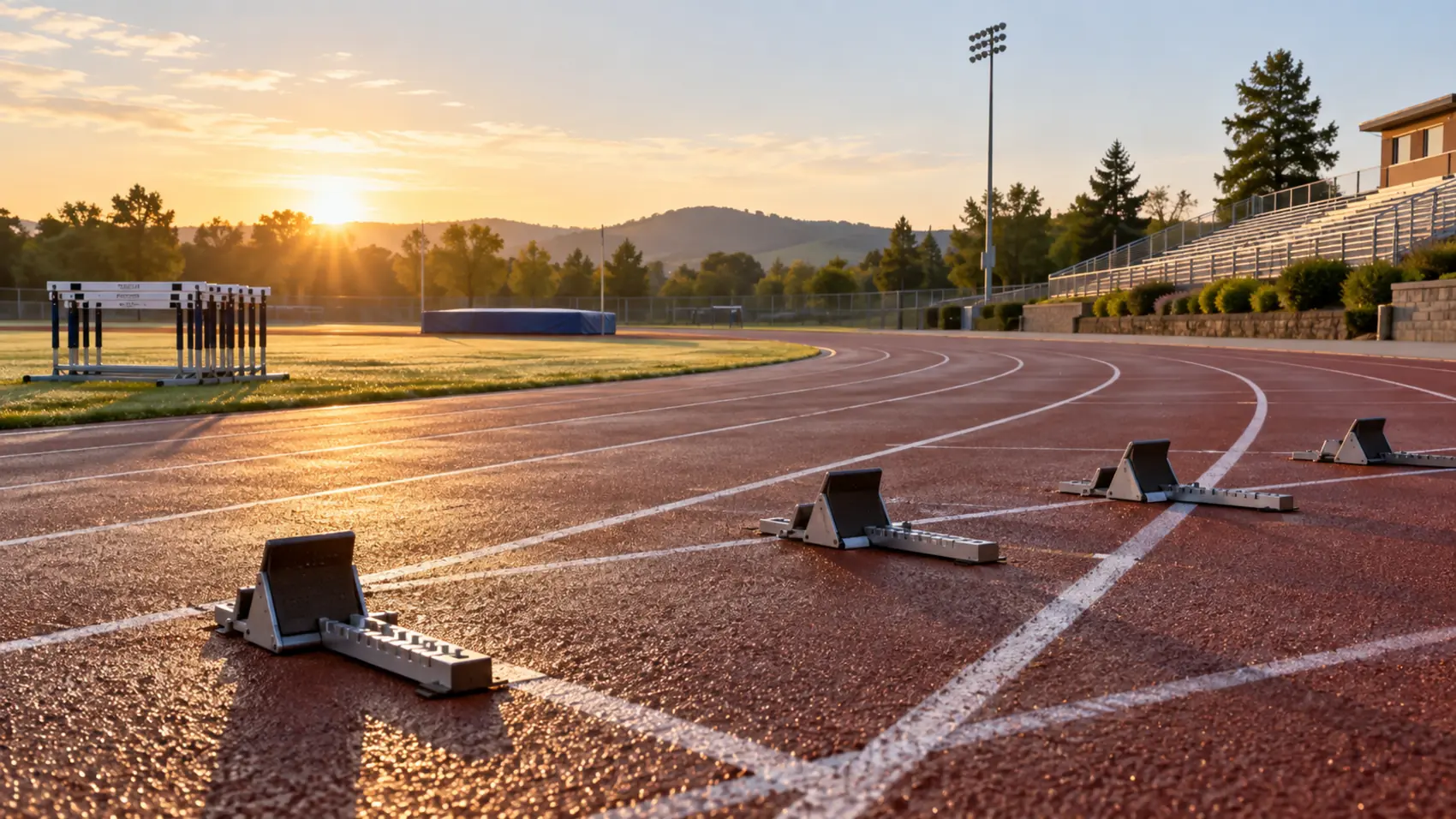 An empty running track at sunrise, starting blocks set in the lanes at the start line.