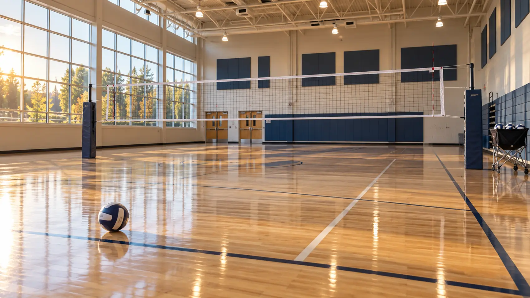 An empty volleyball court with the net strung tight and a ball on the floor near the service line.